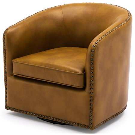 Pemberly Row Camel Brown Faux Leather Swivel Arm Chair with Nailhead Trim | Walmart (US)