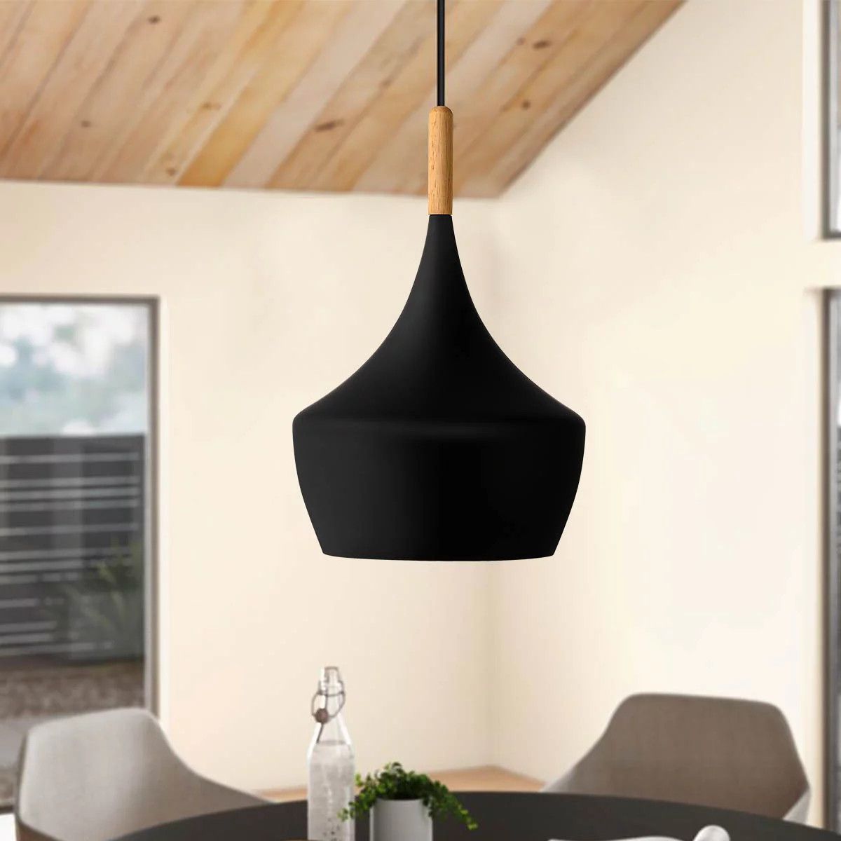 Nordic Matte Black Industrial Hanging Pendant Light, Black and Wood Finish for Dining Room Living... | Walmart (US)