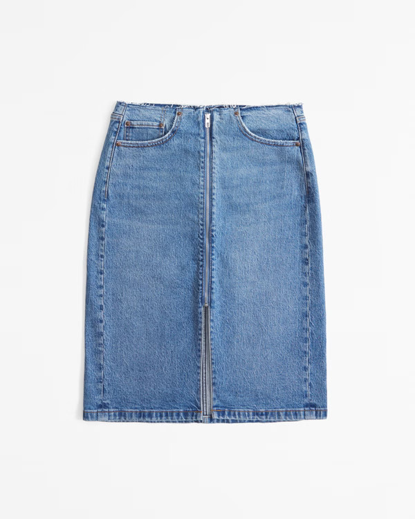 Mid Rise Denim Zip-Front Midi Skirt | Abercrombie & Fitch (US)