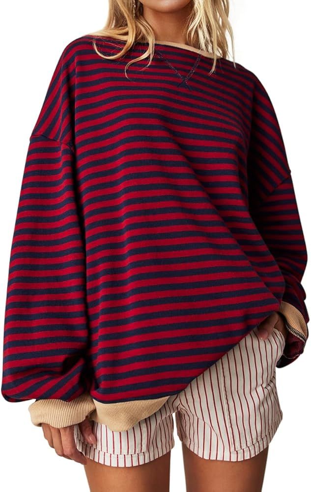 UEU Women Oversized Striped Crewneck Sweatshirt Long Sleeve Color Block Pullover Tops Casual Loos... | Amazon (US)