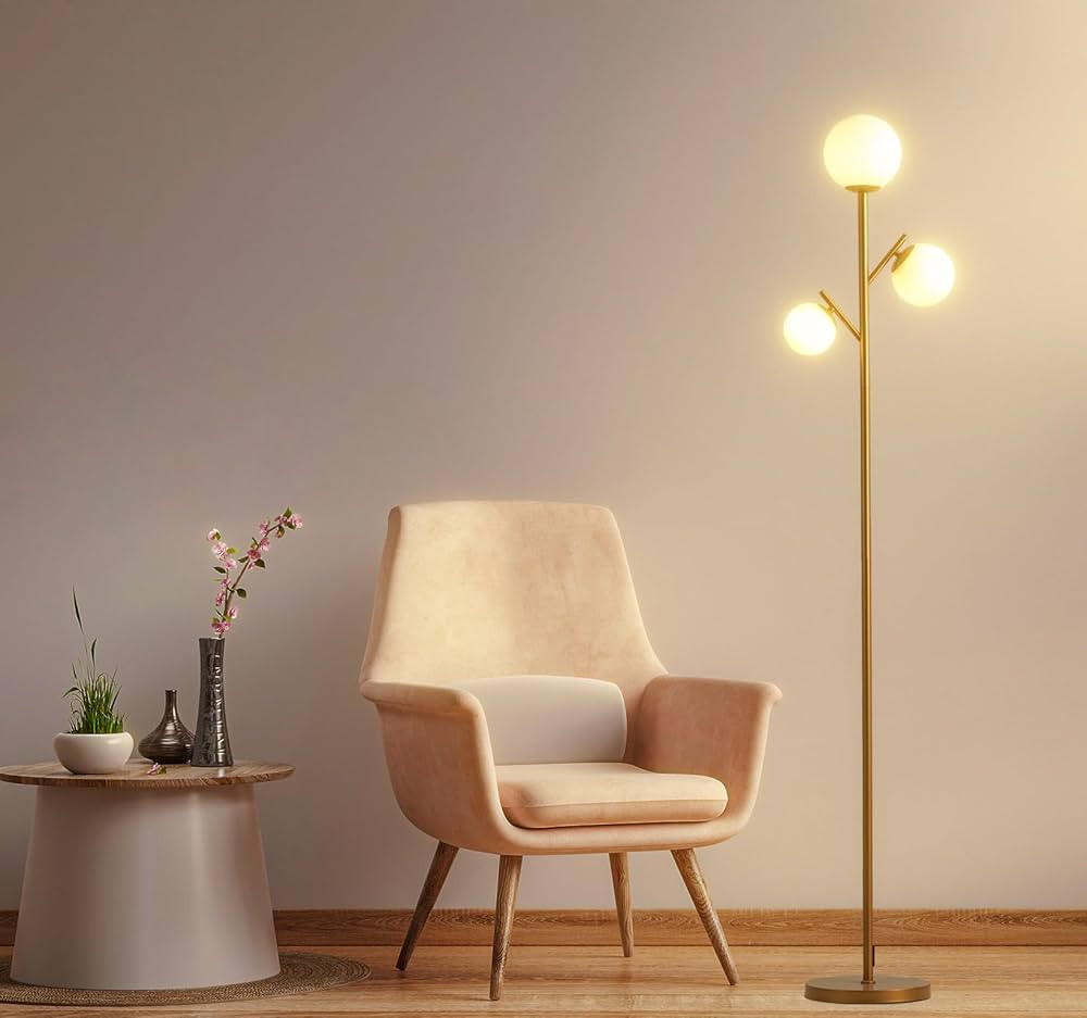 3 Globe Gold Mid Century Floor Lamp, Modern Standing Lamp with Frosted Glass Shade & 3pcs Warm Wh... | Amazon (US)