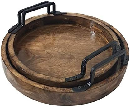 Handcrafted Rustic Wooden Round Serving Trays Round With Galvanized Handles Brown Set of 2 | Amazon (US)