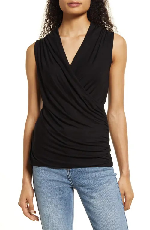 Loveappella Cross Drape Sleeveless Top in Black at Nordstrom, Size X-Small | Nordstrom