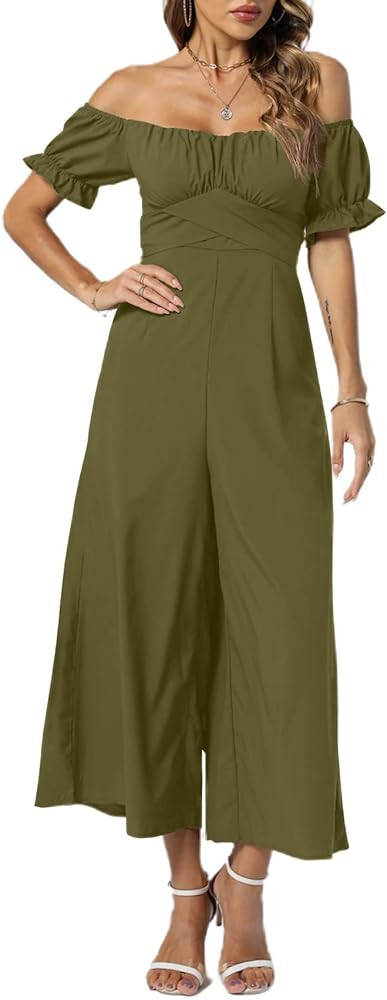 LYANER Women's Off Shoulder Tie Back Ruffle Short Sleeve Romper Wide Leg Long Jumpsuit | Amazon (US)