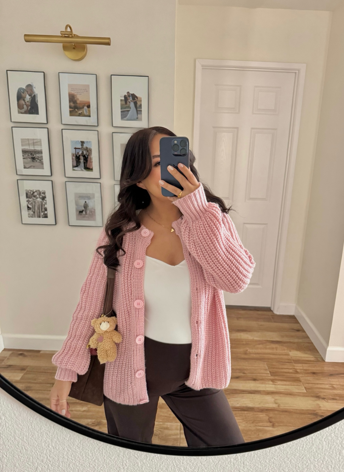 Pink cardigan, suede bag and bag charms 

#LTKItBag #LTKStyleTip #LTKBump
