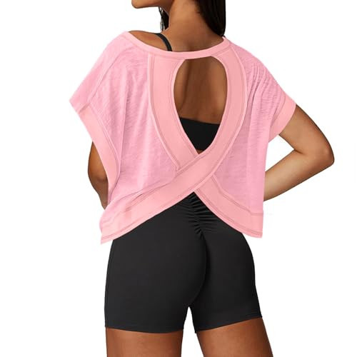 UNIANKIYA Open Back Workout Tops for Women Loose Fit Athletic Crop Tee Short Sleeve Gym Running Yoga Shirt | Amazon (US)