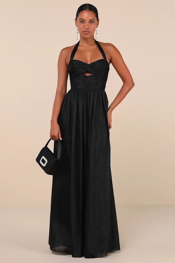 Black Pleated Halter Cutout Maxi Dress | Black Tie Wedding Guest Dress Fall | Lulus