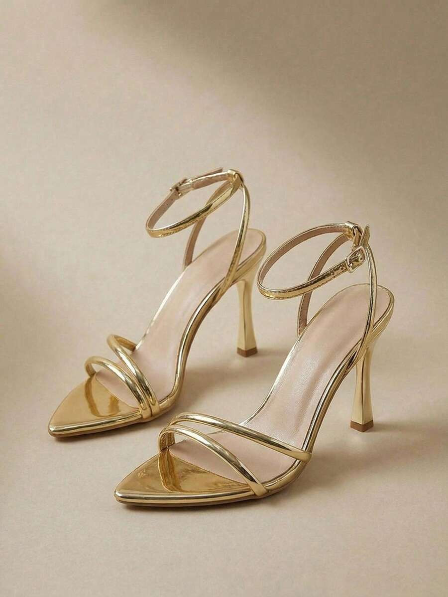 Arave Women's Summer Gold Thin High Heel Lace-Up Sandals, Pointed Toe Adjustable Ankle Strap High... | SHEIN