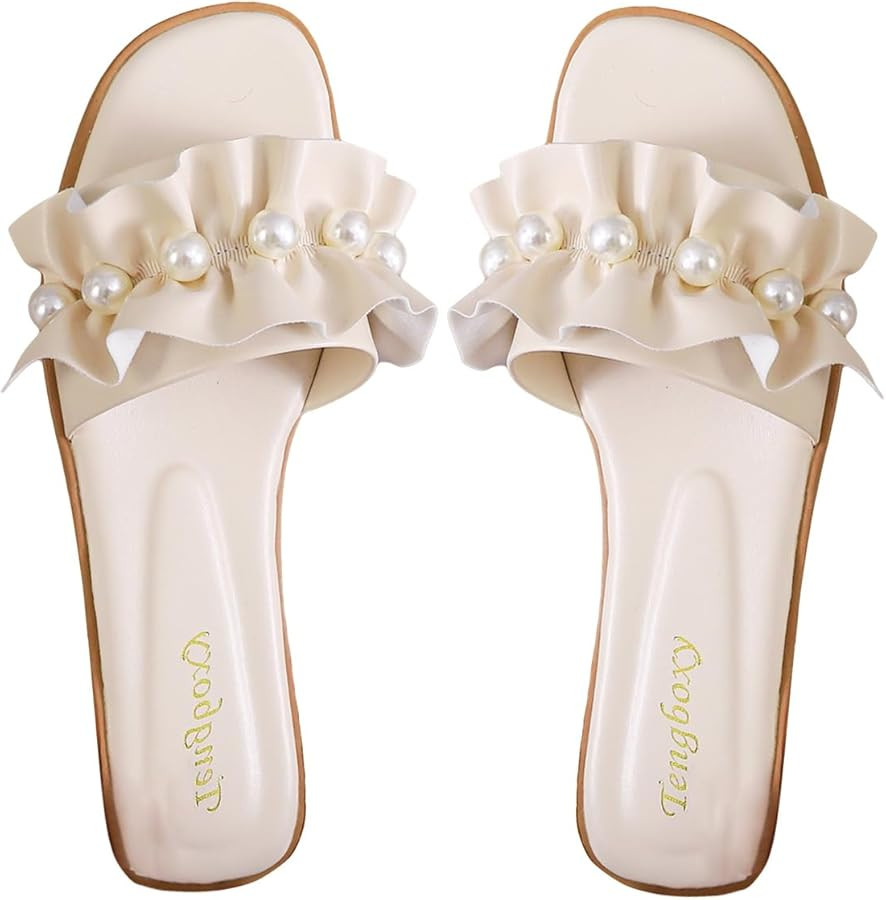 SweatyRocks Women's PU Leather Pearls Decor Flat Sandals Ruffle Open Toe Slide Sandals | Amazon (US)