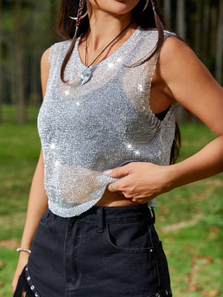 SHEIN EZwear Women Plain Color Round Neck Sleeveless Sheer Mesh Knit Top, For Summer | SHEIN USA | SHEIN