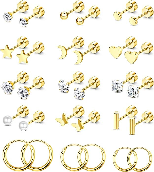 Florideco Small Tiny Stud Earrings for Women Men Stainless Steel Stud Earrings Sets CZ Heart Moon... | Amazon (US)