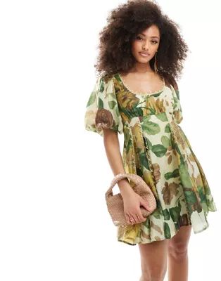 ASOS DESIGN square neck lace insert mini dress with puff sleeves in green floral print | ASOS | ASOS (Global)