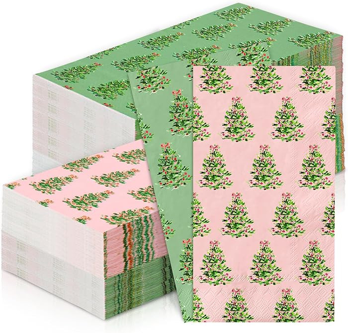 100Pcs Christmas Guest Napkins Pink Green Xmas Tree Paper Napkin Disposable Dinner Hand Towel Nap... | Amazon (US)