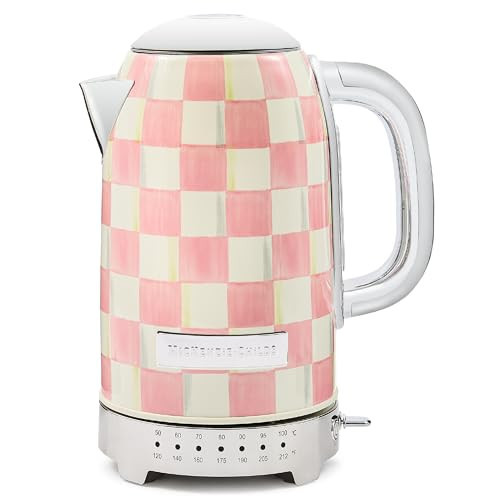 MACKENZIE-CHILDS Electric Kettle, Stainless-Steel Tea Kettle, Pink-and-White Rosy Check | Amazon (US)