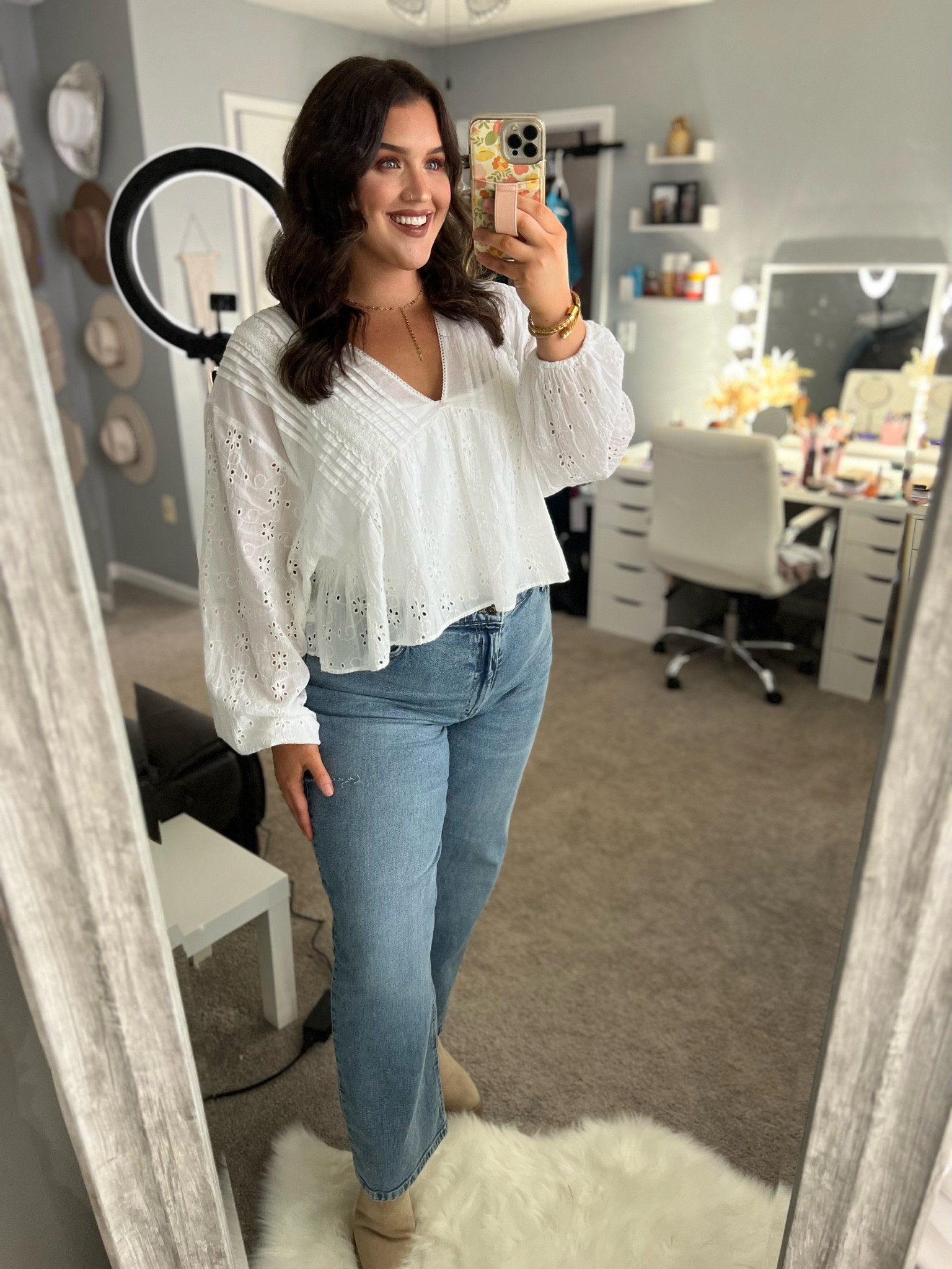 Casual Fall OOTD 🤍🍂✨
Top: XL 
Jeans: 16 
#midsizeoutfits #curvystyle #falloutfits #casualoutfits #blouse #babydoll #jeans #denim #curvydenim #boots #chelseaboots 

#LTKplussize #LTKSeasonal #LTKstyletip