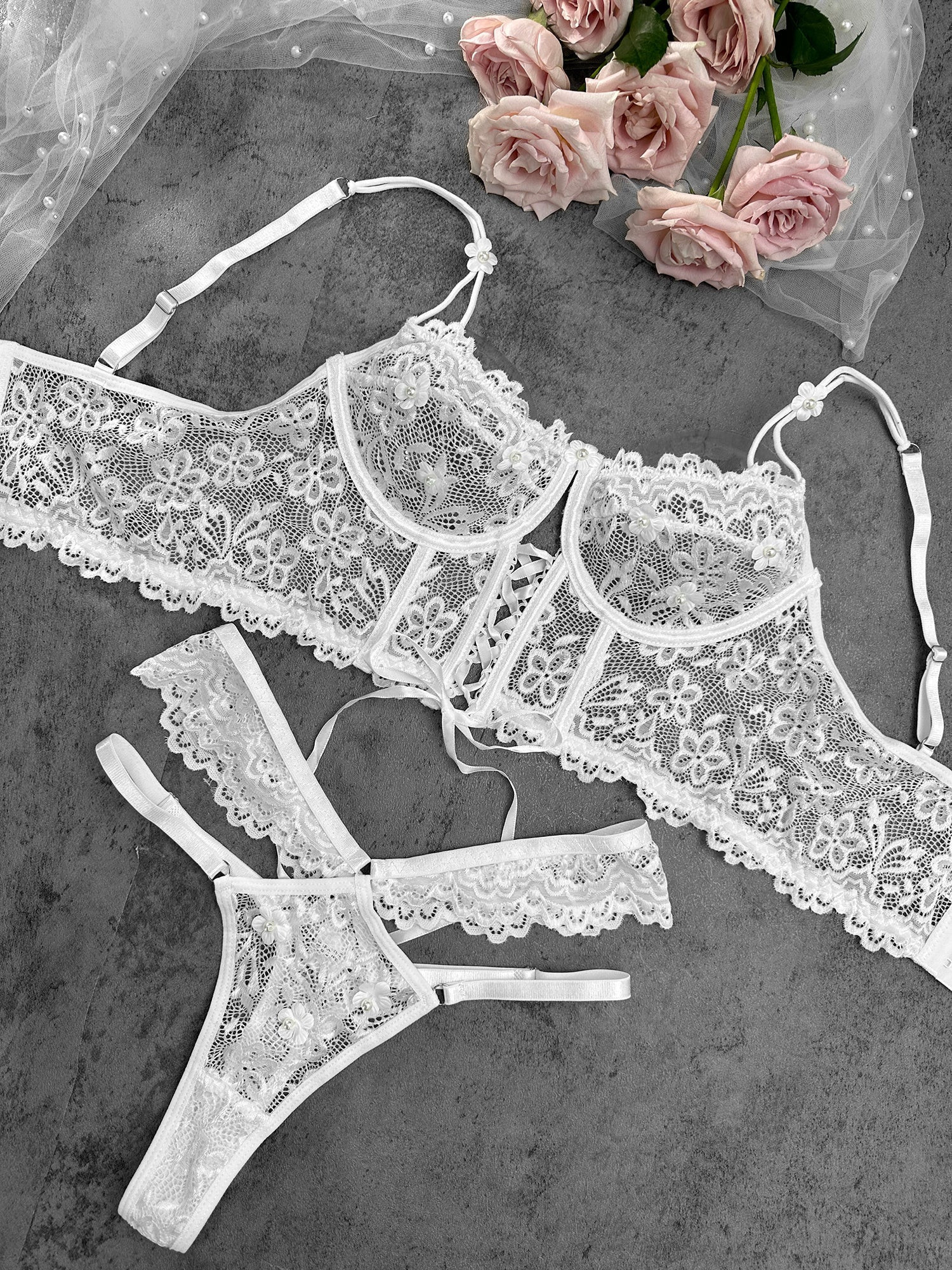 White Pearls Small Flower Lace Lingerie Set WHITE / S | Casual Chic Boutique