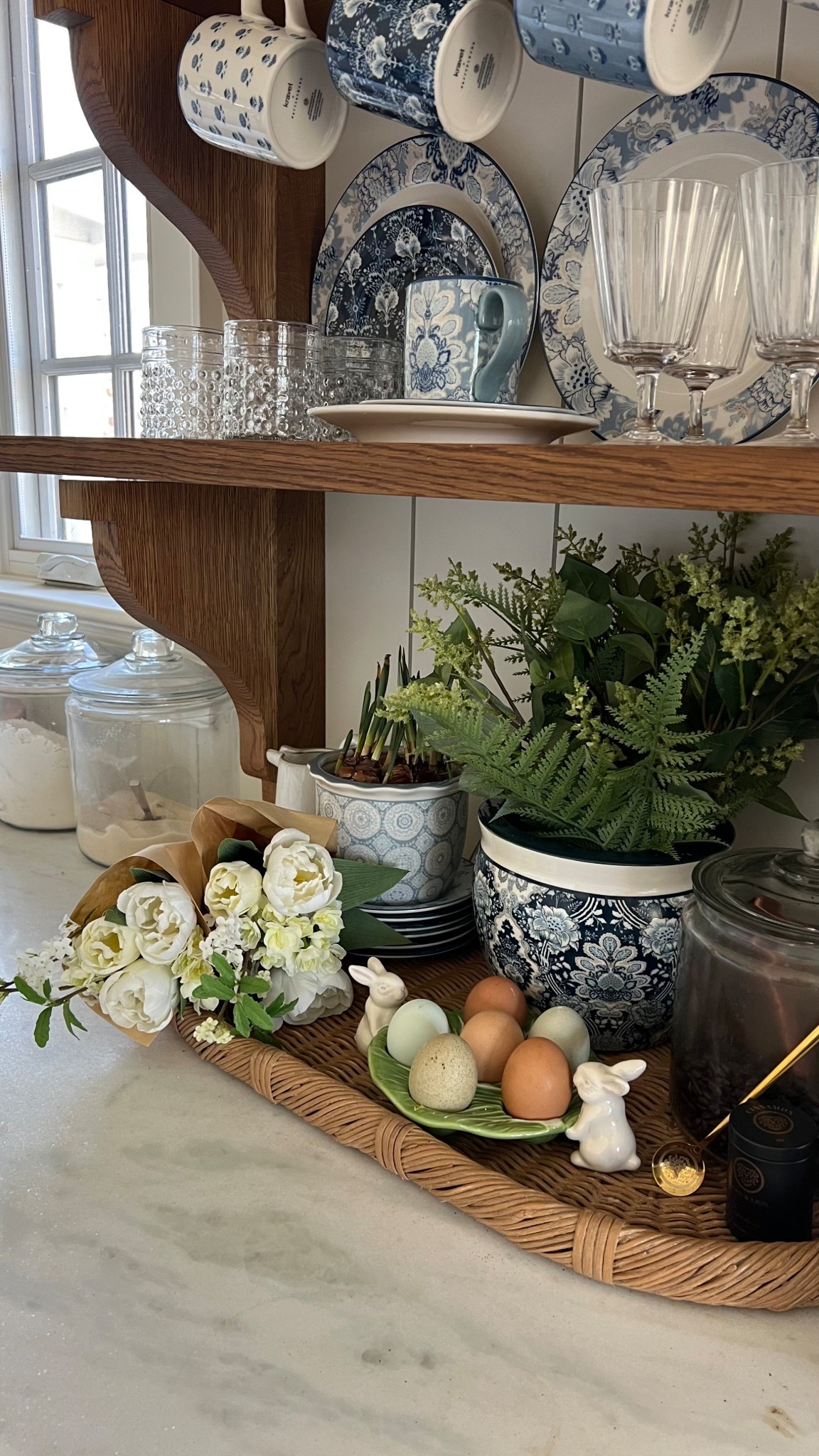 Coffee bar Easter decor bunny decor egg holder blue pot artificial greenery beveled glassware coffee mugs

#LTKSeasonal #LTKHome #LTKFindsUnder50