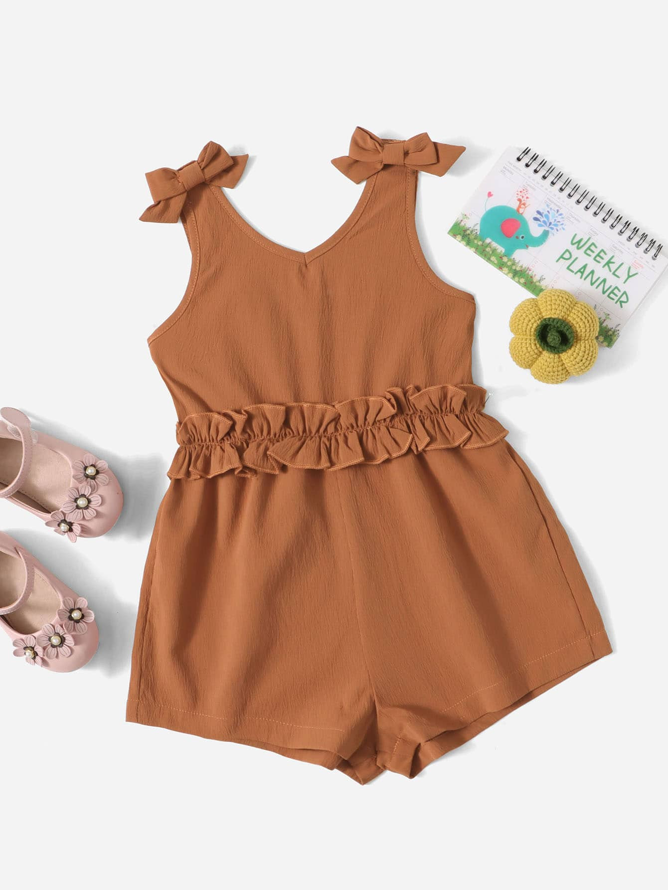 Toddler Girls Bow Shoulder Frill Trim Tank Romper | SHEIN