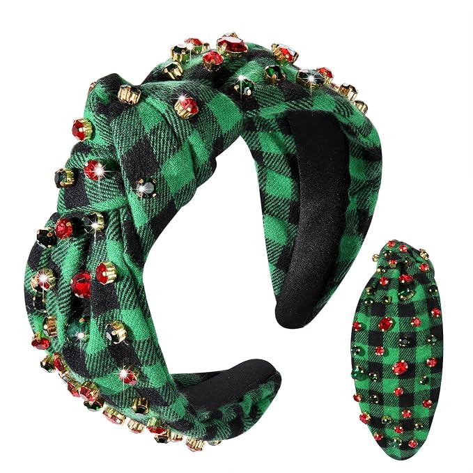 Christmas Holiday Headband Xmas Hair Accessories Green Plaid Knotted Head Band for Women Embellis... | Amazon (US)