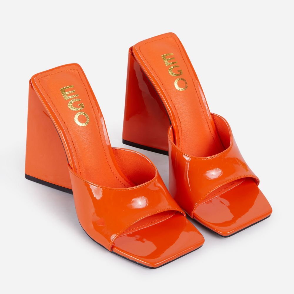 Avalon Square Peep Toe Sculptured Flared Block Heel Mule In Orange Patent | EGO Shoes (US & Canada)