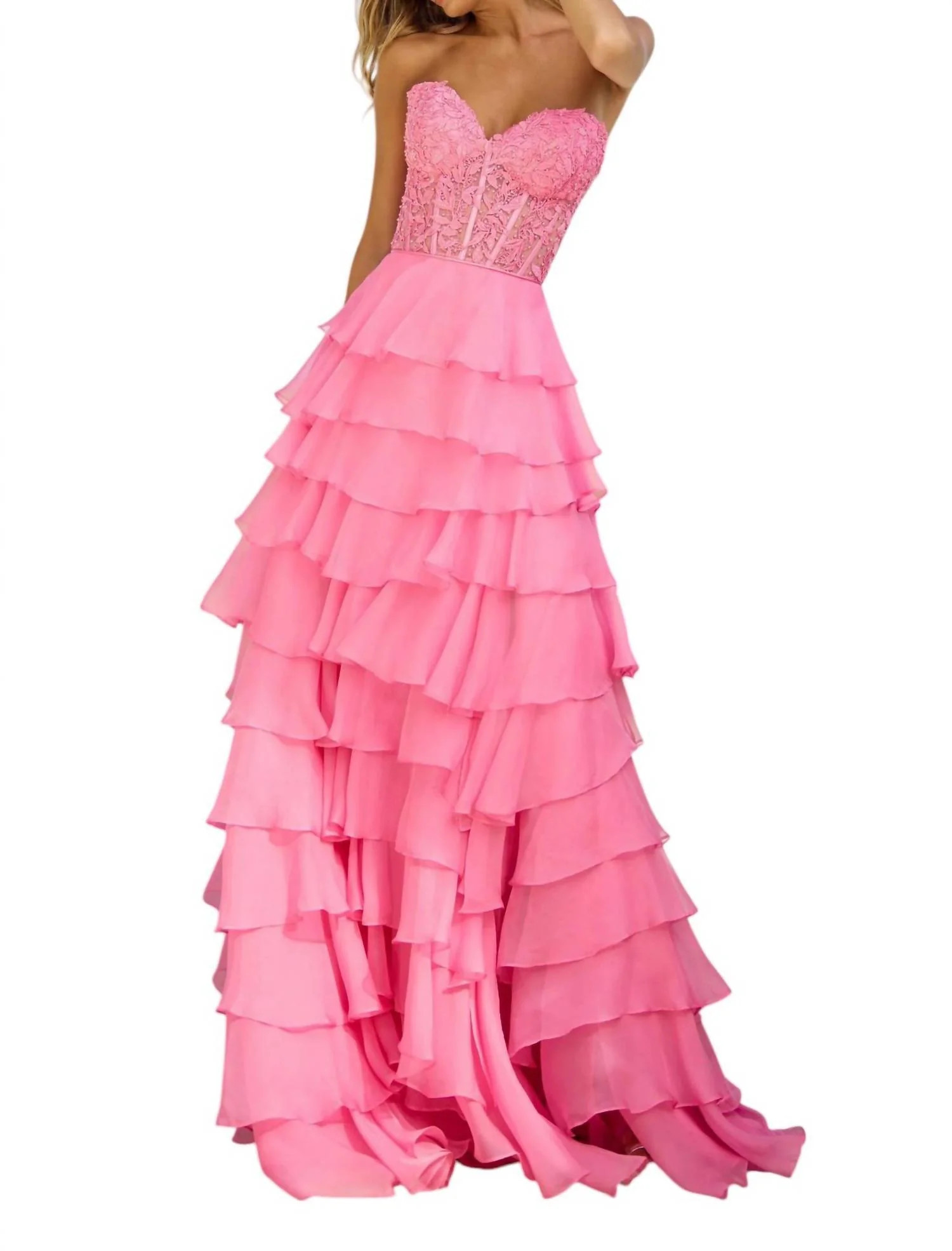 Strapless Leaf Lace Prom Dress In Bright Pink | Shop Simon