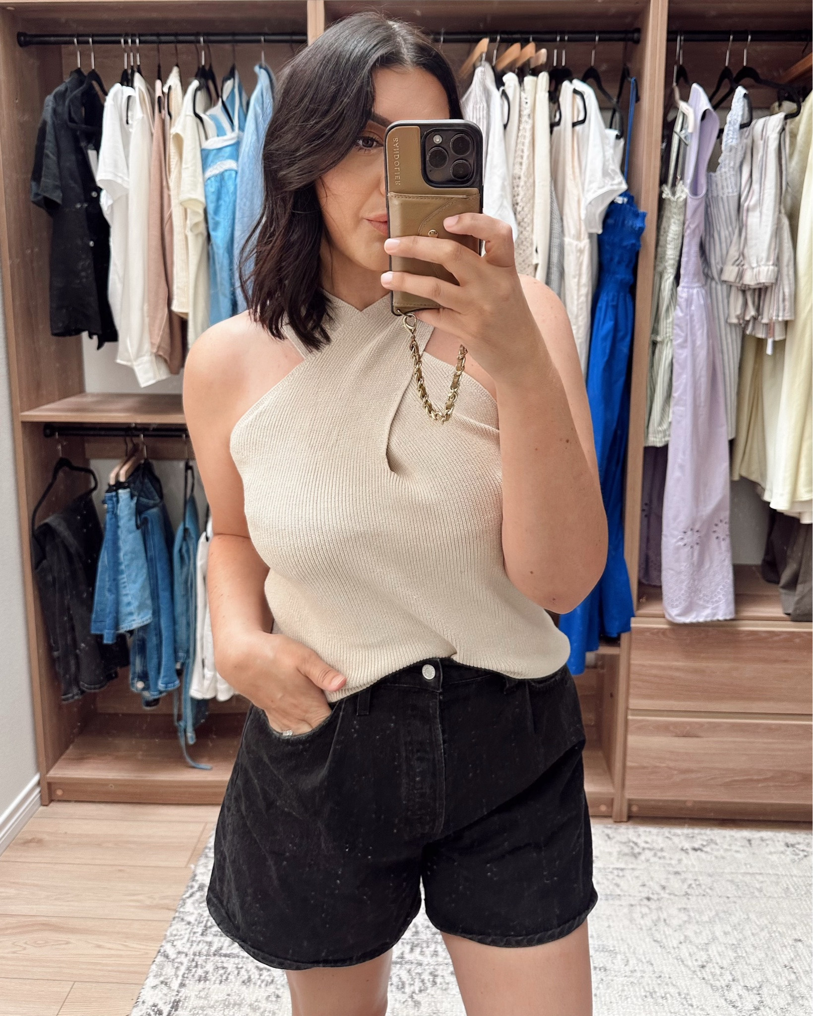 Was pleasantly surprised by this top. It’s a nice and thick fabric, very stretchy. It runs a tad big, I’m in the large and it’s loose overall. Fun little top to pair with denim, linen pants, shorts this summer!