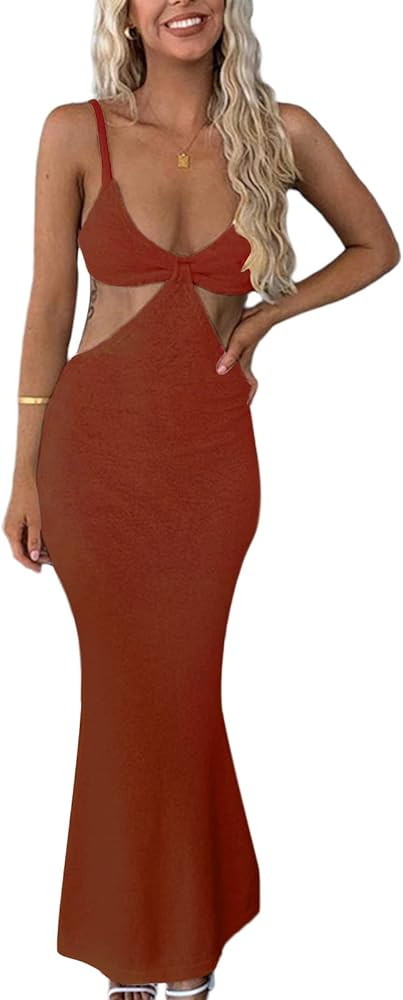 NUFIWI Womens Sexy Knitted Cut Out Spaghetti Strap Long Dresses Halter Neck Backless Maxi Dress C... | Amazon (US)