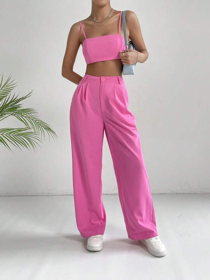 SHEIN EZwear Solid Crop Cami Top & Wide Leg Pants | SHEIN