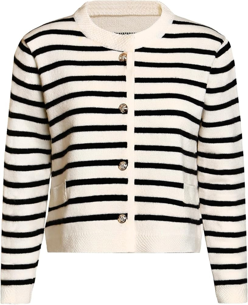 Women's Cardigan Sweaters Casual Striped Cropped Sweater Long Sleeve Ribbed Knit Lady Jacket with... | Amazon (US)