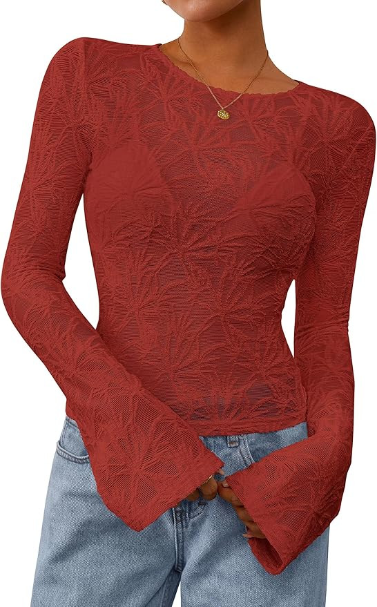 PRETTYGARDEN Womens Lace Long Bell Sleeve Tops 2026 Fall Sexy See Through Sheer Floral Blouse Shi... | Amazon (US)