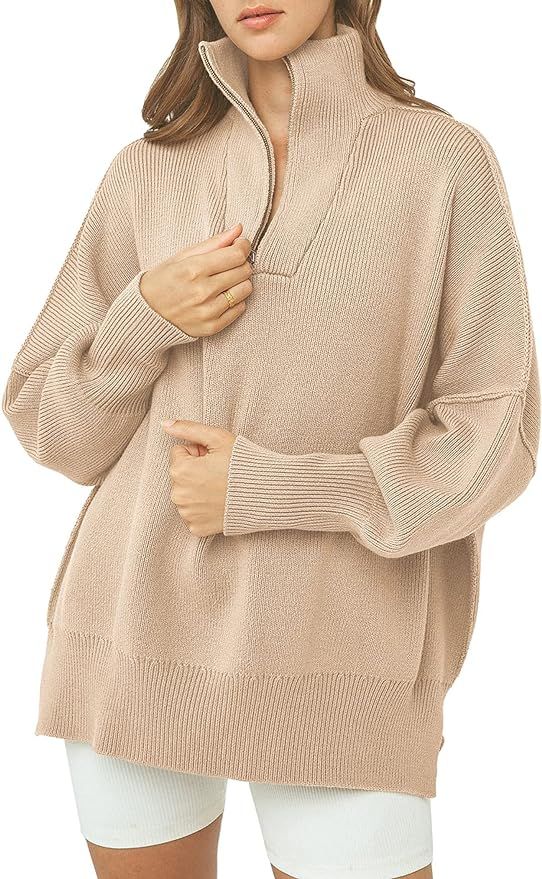 PRETTYGARDEN Women's Oversized Sweaters Long Sleeve Casual 1/4 Zip Up Pullover Tops | Amazon (US)