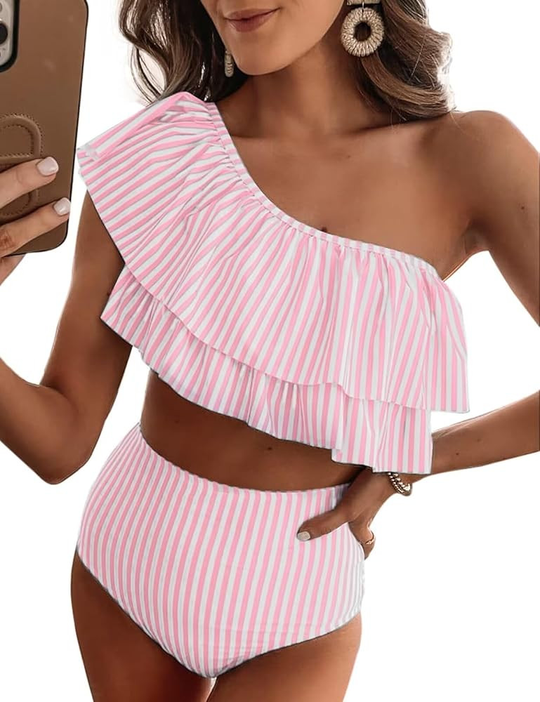 VIMPUNEC Ruffle One Shoulder Swimsuits for Women Striped High Waisted Two Piece Bathing Suits | Amazon (US)
