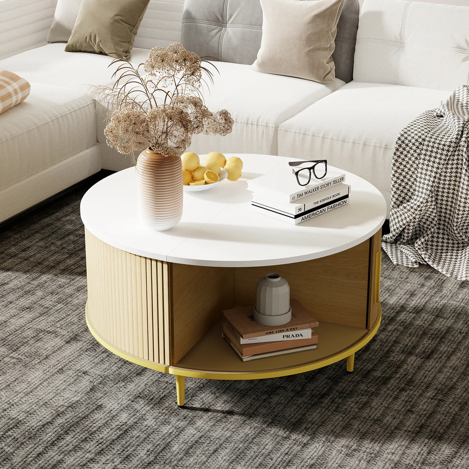 Sunmthink Mid Century Modern Round Coffee Table With Hidden Storage Flip-Top Living Room Center Table Oak | KFZ-31507O | Lowe's