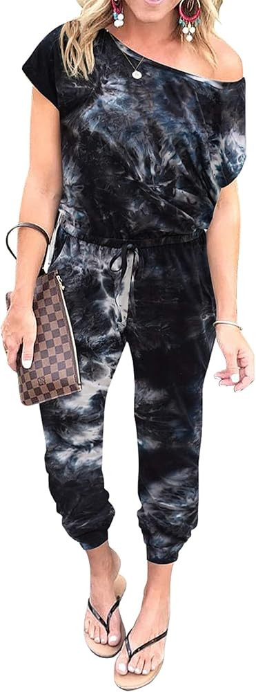 PRETTYGARDEN Women's Loose Solid Off Shoulder Elastic Waist Stretchy Long Romper Jumpsuit | Amazon (US)