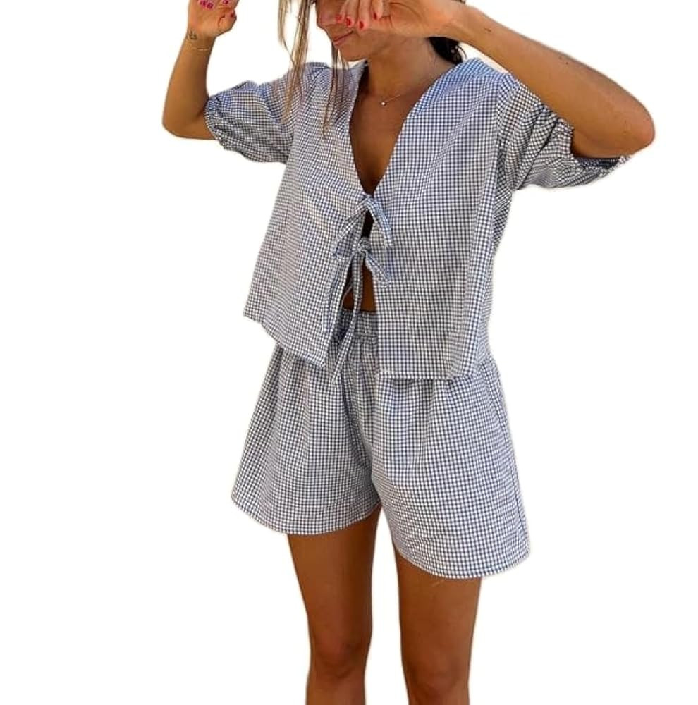 Yuemengxuan Women Y2k Peplum Shirt Shorts Two Piece Lounge Set Pajamas Puff Sleeve Tie Front Top ... | Amazon (US)
