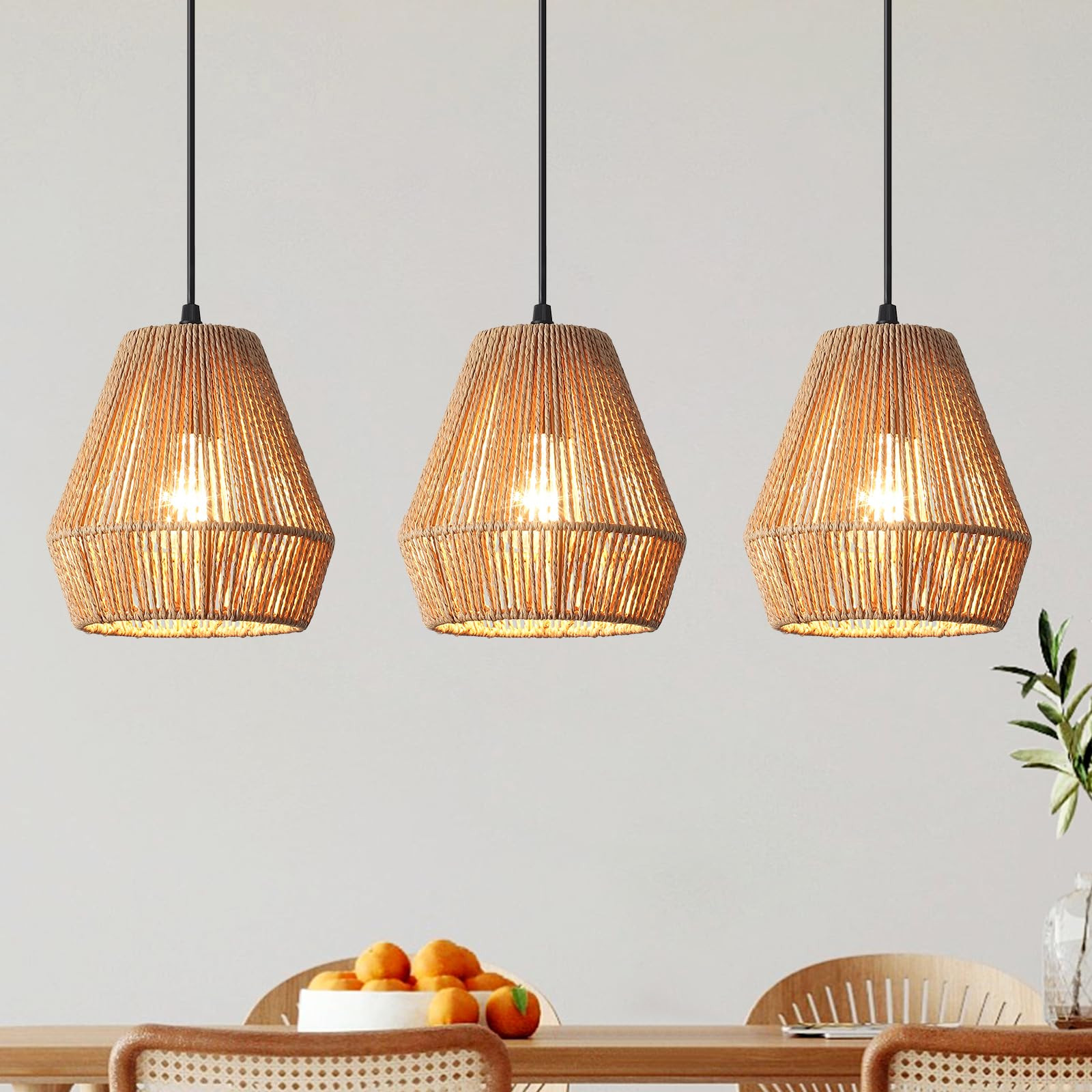 3 Pack Woven Pendant Light Kitchen Island 6.7" Boho Pendant Lights Fixture Rustic Hanging Lamp wi... | Amazon (US)