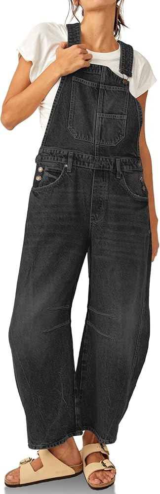 PLNOTME Womens Denim Bib Overalls Barrel Leg Adjustable Strap Jean Pants Jumpsuits with Pockets | Amazon (US)