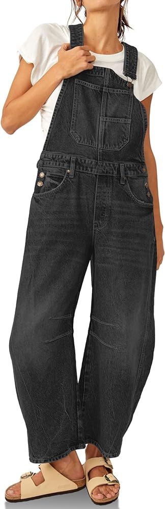 PLNOTME Womens Denim Bib Overalls Barrel Leg Adjustable Strap Jean Pants Jumpsuits with Pockets | Amazon (US)