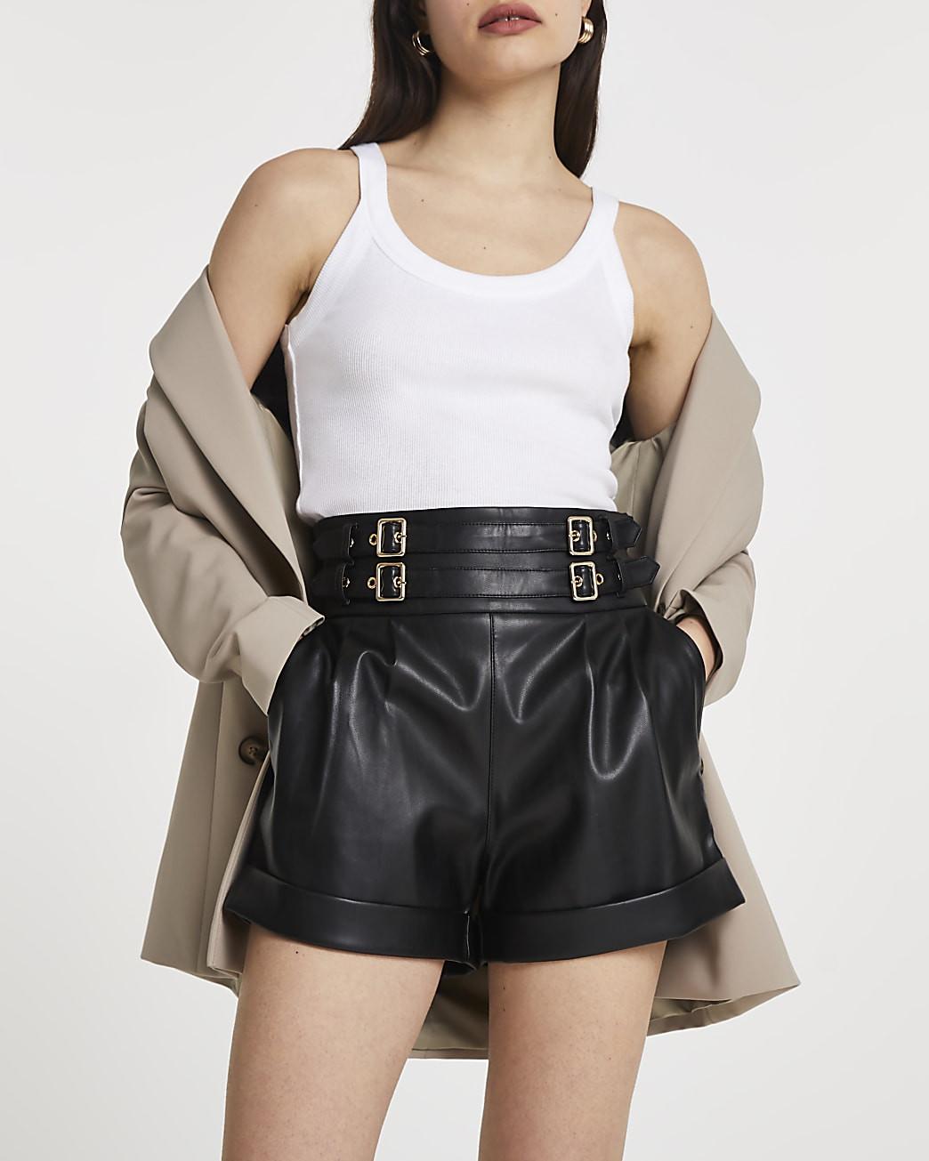 Black faux leather paper bag shorts | River Island (UK & IE)