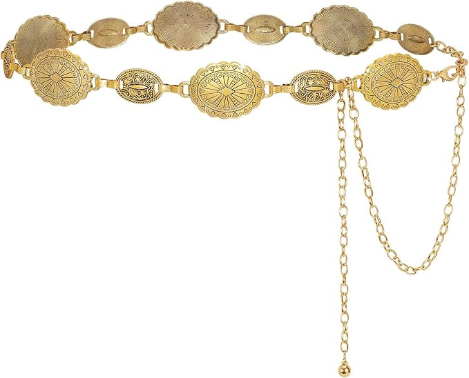 LEACOOLKEY Women Turquoise Concho Chain Waist Belt Silver Western Cowgirl Metal Chain Belt for Dr... | Amazon (US)