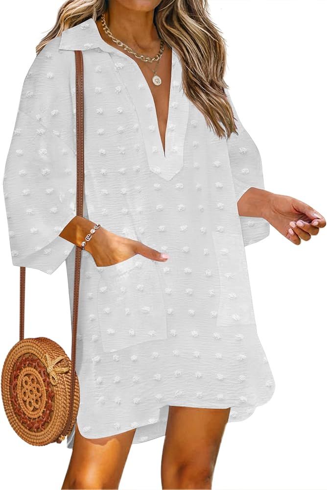 AI'MAGE Women Cover Up Deep V Neck Linen/Chiffon Shirts Loose Beachwear Half Sleeve Tunics Tops B... | Amazon (US)