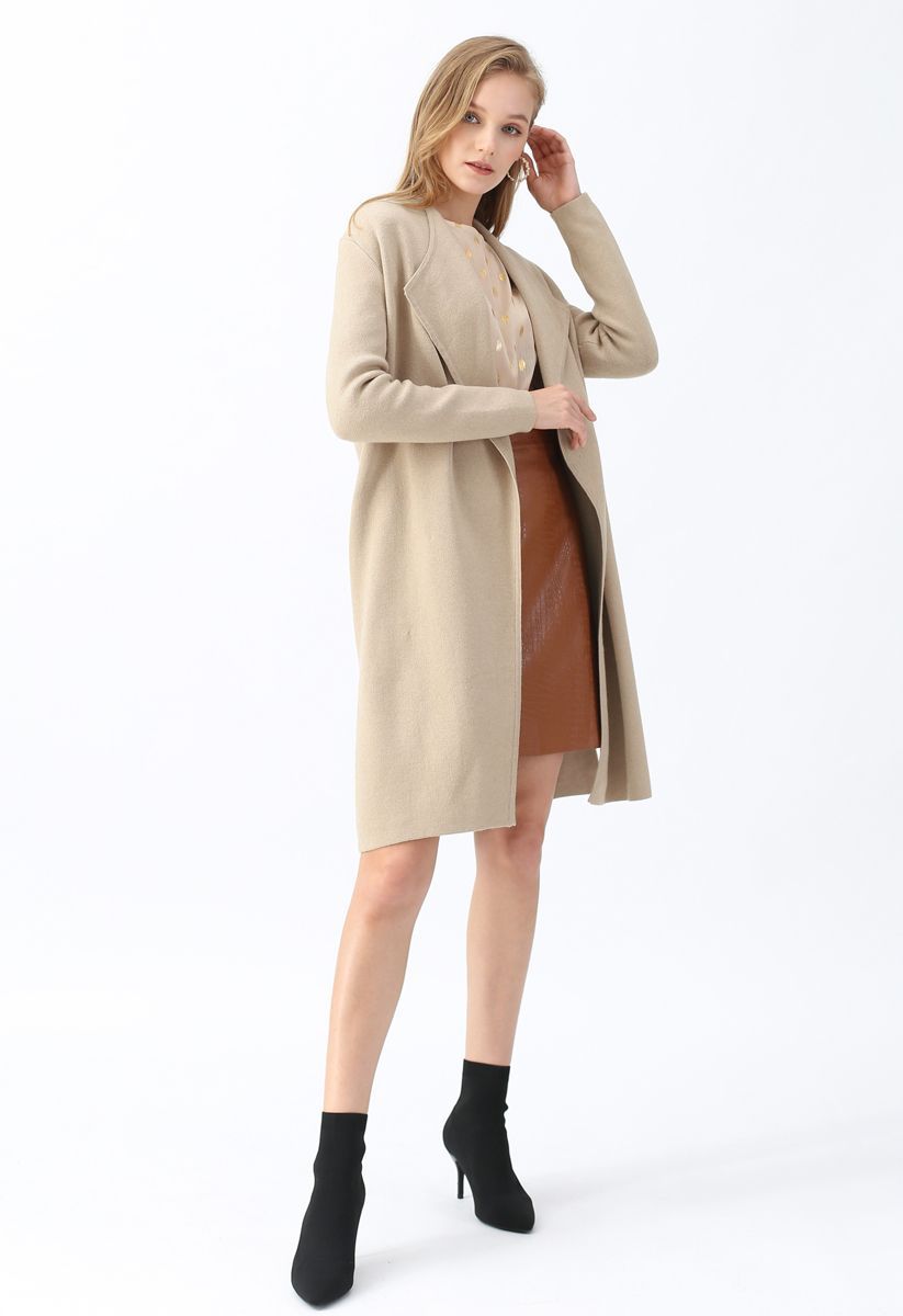 Classy Open Front Knit Coat in Light Tan | Chicwish