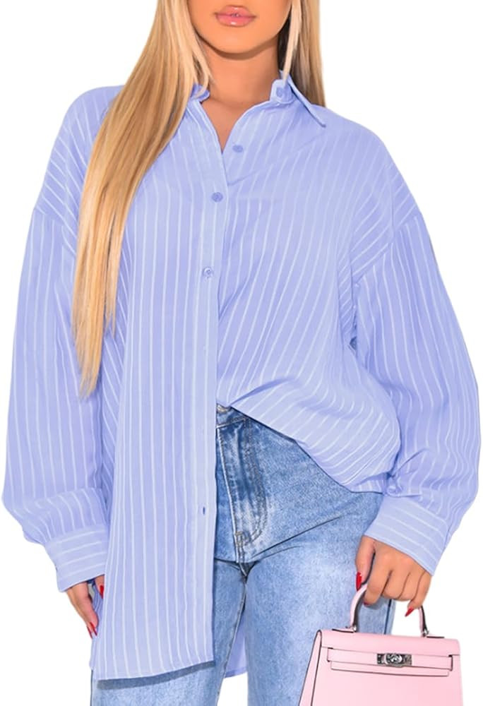 Women's Button Down Shirts Striped Dress Shirt Long Sleeve Collared Casual Blouses Tops | Amazon (US)