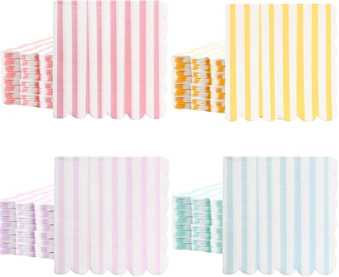 100 Pack Scalloped Party Napkins Mixed Stripe Ice Cream Napkins 5 x 5 Inch Disposable Paper Paste... | Amazon (US)