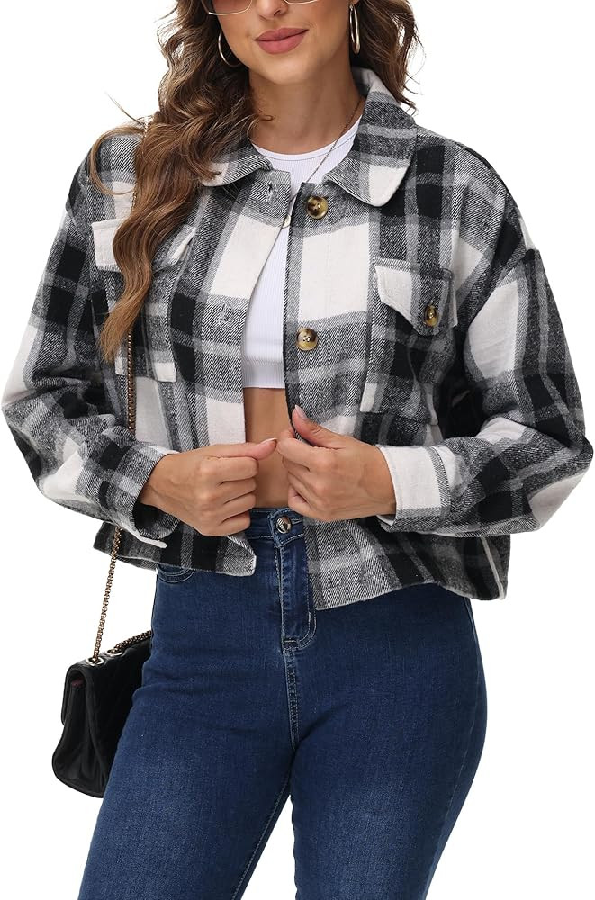 URBEST Women's Oversized Plaid Shacket - Cozy Long Sleeve Button Down Jacket with Pockets, Knee L... | Amazon (US)