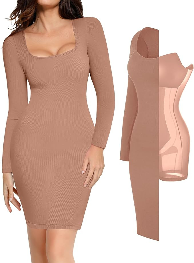 Popilush Long Sleeve Midi Dress Bodycon Party Dress Shapewear Tummy Control Fall Cocktail Dresses... | Amazon (US)
