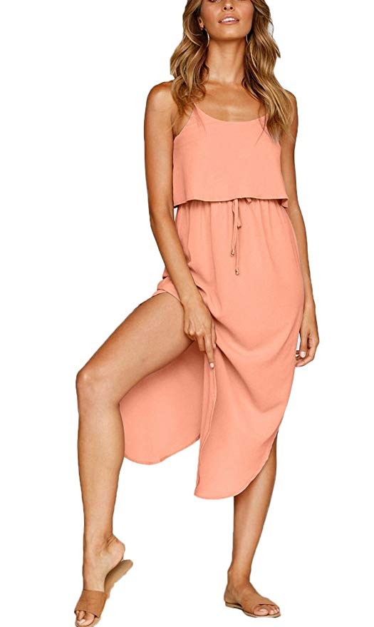 NERLEROLIAN Women's Adjustable Strappy Split Summer Beach Casual Midi Dress | Amazon (US)