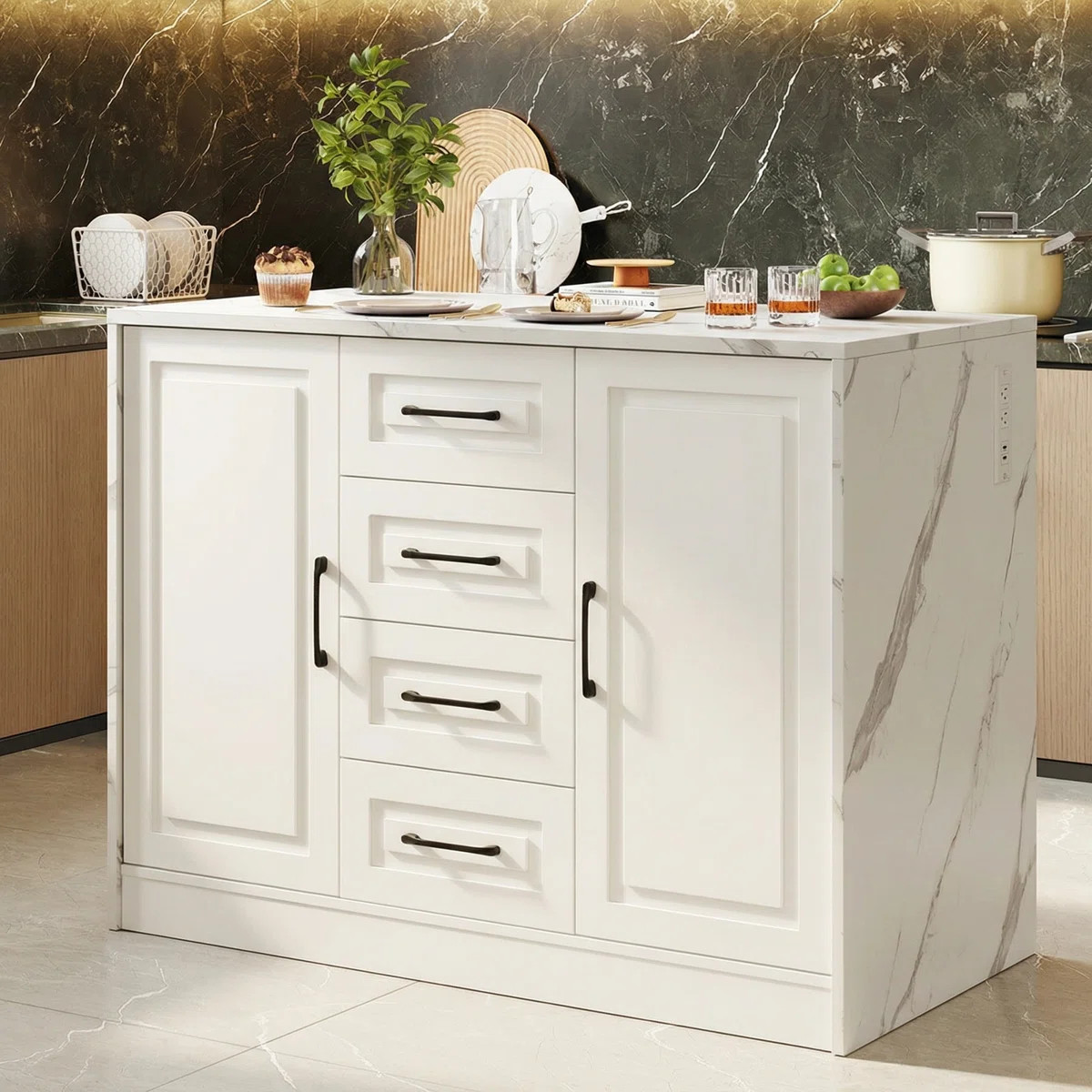 47.2" Kitchen Island With 4 Drawers, Faux Marble Kitchen Island With Storage Large Cabinet For Ki... | Wayfair North America
