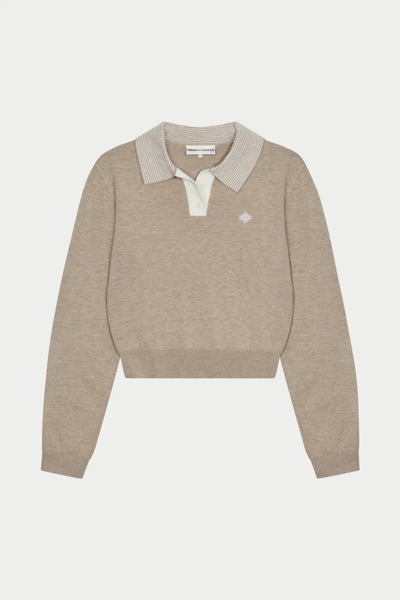 LONG SLEEVE KNITTED COLLAR POLO TOP - BEIGE | The Couture Club
