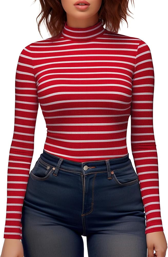 Zengjo Womens Mock Turtleneck Tops Ribbed Striped Long Sleeve Shirt | Amazon (US)
